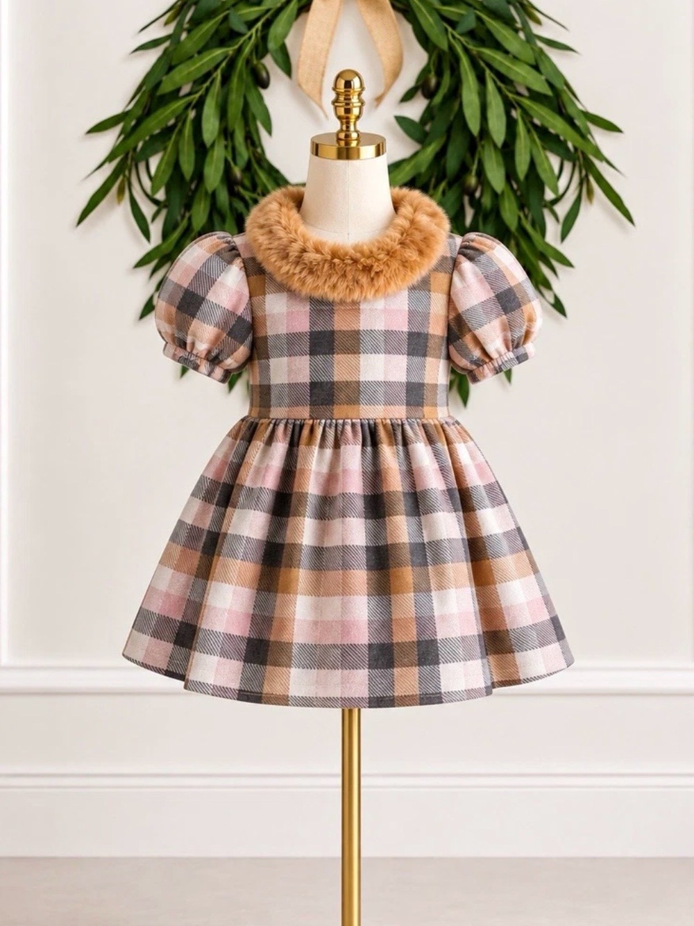 Janie and Jack Pink, Tan & Gray Plaid Puff-Sleeve Dress with Faux Fur Collar
